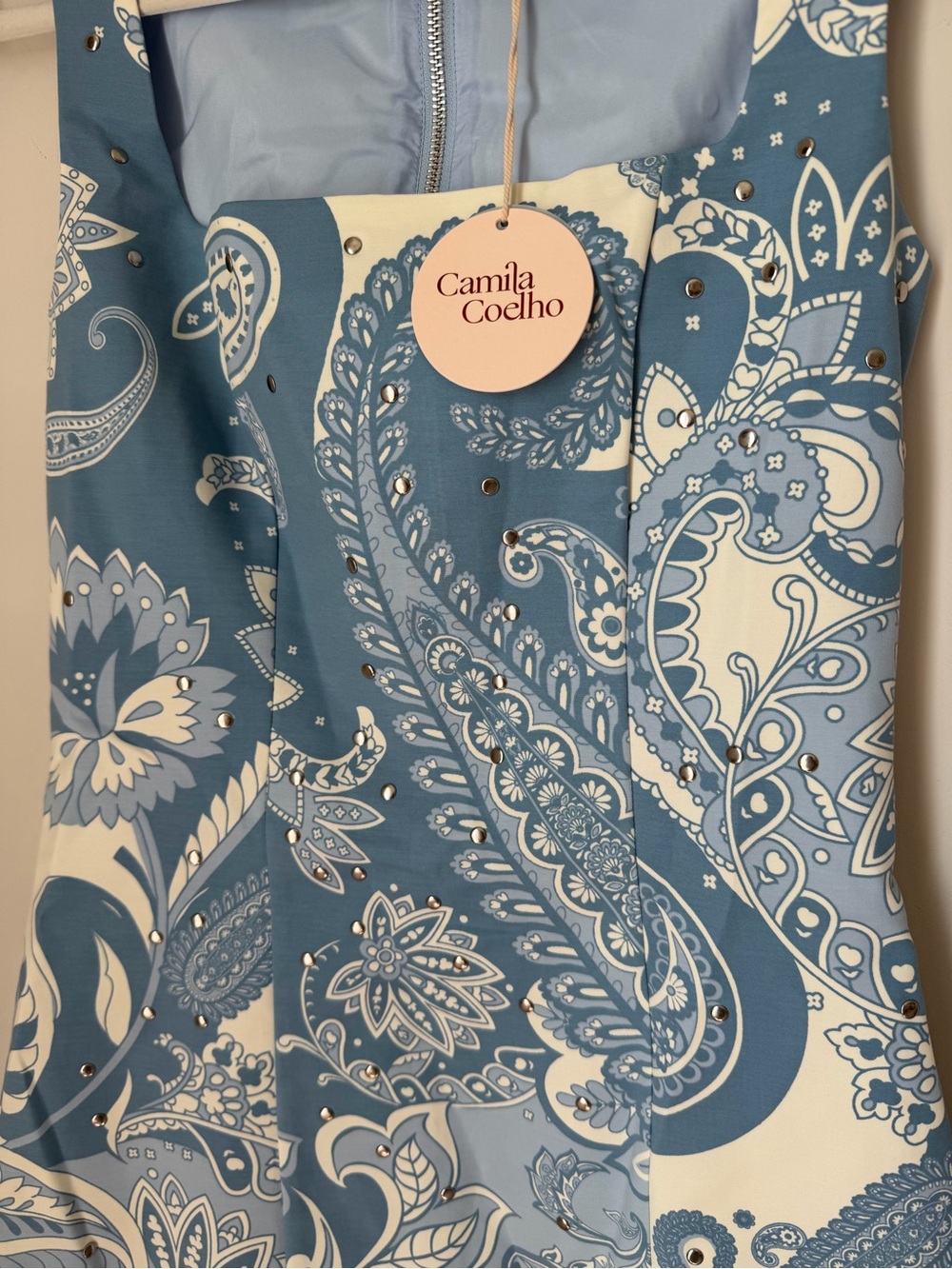 Camila Coelho Blue and white Paisley silver stud Square-Neck cotton Mini Dress - Picture 4 of 8
